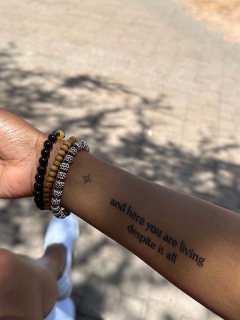 Existentialism Tattoo Ideas, Hurt Tatoos Ideas, Arm Tattoos For Women Forearm, Meaningful Tattoo Quotes, Cute Hand Tattoos, Pretty Hand Tattoos, Quote Tattoo, Writing Tattoos, Meaningful Tattoo