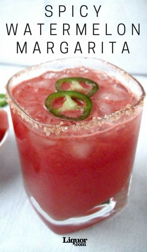 Watermelon and tequila are classic combo. Refreshing fruit with the spicy bite of liquor pair perfectly in this variation on the fan favorite margarita! Spicy Watermelon Margarita, Spicy Watermelon, Spicy Drinks, Watermelon Margarita, Tequila Drinks, Boozy Drinks, Tequila Cocktails, Margarita Recipes, Alcohol Drink Recipes