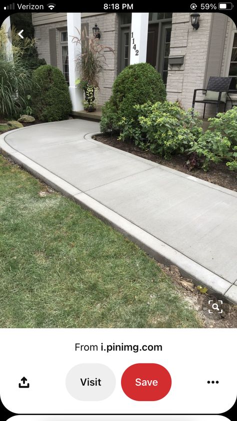 Flowerbed Along Sidewalk, Stamp Concrete Walkway, Sidewalk Extension Ideas, Front Sidewalk Ideas Concrete, Sidewalk To Backyard, Cement Walkways To Front Door, Concrete Sidewalk Around House, Cement Sidewalk Ideas, Curved Sidewalk To Front Door