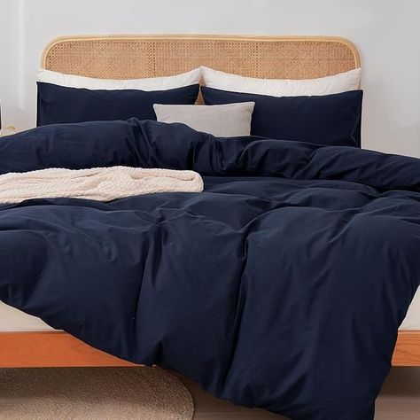 Amazon.com: ATsense Navy Blue Duvet Cover King, 100% Washed Cotton Linen Feel Super Soft Comfortable, 3-Piece Duvet Cover Bedding Set, Long-Lasting and Easy Care, Simple Style Farmhouse Comforter Cover : Home & Kitchen Farmhouse Comforter, Navy Duvet Cover, Navy Blue Duvet Cover, Navy Duvet, Blue Duvet, Blue Duvet Cover, White Duvet Covers, Linen Bedroom, Comforter Cover