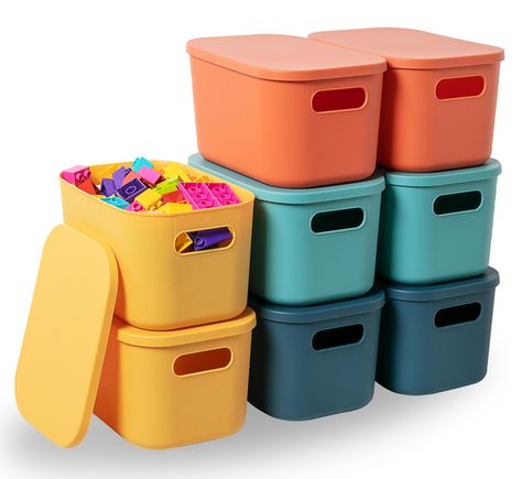 PRICES MAY VARY. 【Great Size】Single measuring: 9.8"L x 7.08"W x 6.1"H; Package includes 4 small storage bins with lids, Comes with 8 different shaped labels and 1 marker. Our customizable labels make storing and accessing belongings a total breeze. 【Durable and Sturdy】Made of durable, sturdy plastic, BPA-free, Lightweight and Durable. 4 selected colors add a stylish and cheerful touch to any surrounding décor, and you can distinguish your own stuff according to the different color bins. 【Stackab Kids Craft Storage, Daycare Room Ideas, Toy Room Storage, Storage Baskets For Shelves, Playroom Classroom, Toy Storage Solutions, Customizable Labels, Baskets For Shelves, Shelves Kitchen