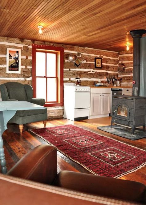 Tiny Trout River Log Cabin Cabin Homes Interior, Log Cabin Interior, Log Cabin Rustic, Small Log Cabin, River Cabin, Log Cabin Decor, Cabin Kitchens, Cabin Interiors, Cabin Living