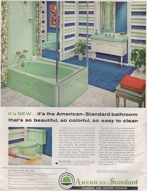 1959 American Standard ad, via Flickr. "So beautiful, so colorful". Le sigh. Gorgeous sea foam or mint green toilet, bathtub, and lavatory from American Standard, 1959 Standard Bathroom, Mid Century Bathroom, Old Bathroom, Retro Bathrooms, Retro Renovation, Vintage Bath, Tile Companies, Vintage Bathrooms, Bathroom Plumbing