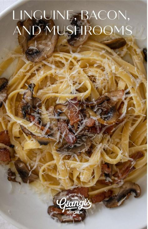 Linguine, Bacon, and Mushrooms Mushroom Linguine Recipes, Shrimp Bacon Linguine Recipe, Bacon And Mushroom Pasta, Mushroom Linguine, Busy Night Dinner, Bacon Mushroom Pasta, Bacon And Mushroom, Bacon Sauce, Bacon Mushroom