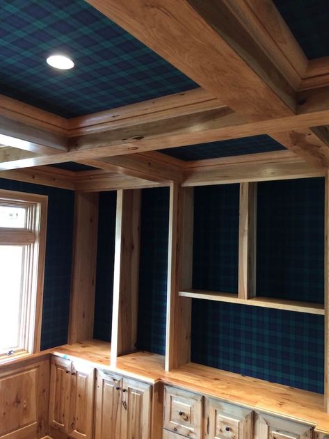 Office With Plaid Wallpaper, Plaid Ceiling Wallpaper, Plaid Wallpaper And Wainscoting, Plaid Wallpaper Library, Tartan Peel And Stick Wallpaper, Moody Office, Plaid Wallpaper, Upholstered Walls, Wallpaper Ceiling