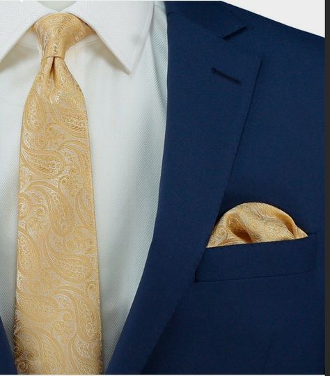 Navy Suit Yellow Tie, Navy Blue And Gold Suit, Suit With Gold Tie, Navy Blue Groomsmen, Blue Groomsmen Suits, Men Suits Blue, Groomsmen Outfit, Navy Blue And Gold Wedding, Blue Tux