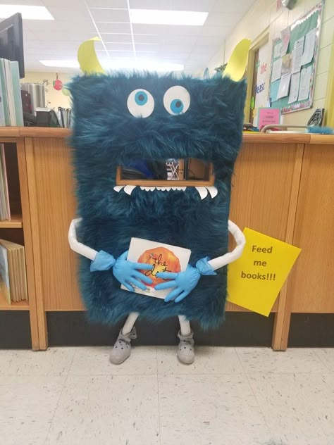 My monster book drop for October School Library Book Return Ideas, Elementary School Library Decor, Book Return Ideas Library, Book Drop Ideas Library, Elementary School Library Design, School Library Book Displays, Book Return, Book Monster, School Library Bulletin Boards