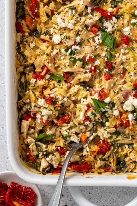 Greek Rice Bake, Take And Bake Meals Families, Greek Chicken Orzo Bowl, Mediterranean Casserole Recipes, Shredded Chicken Casserole Recipes, Greek Chicken Casserole, High Protein Casserole Recipes, Mediterranean Casserole, Greek Chicken Orzo