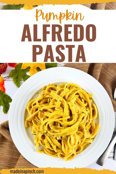 This Pumpkin Alfredo pasta dinner is fun and seasonal weeknight meal. It's fall comfort food at its best! It's packed with flavor and only takes 10 minutes to cook. The pumpkin adds that perfect fall twist along with a dose of guilt-free nutrition. Try vegetarian dinner for meatless Mondays (or any night!). #pumpkinalfredo #weeknightmeal Pumpkin Alfredo Pasta Recipes, Pumpkin Mushroom Pasta, Vegan Pumpkin Alfredo Sauce, Pumpkin Alfredo Pasta, Creamy Vegan Pumpkin Pasta, Pumpkin Alfredo Sauce, Creamy Pumpkin Pasta Bon Appetit, Pumpkin Alfredo, Pumpkin Crockpot