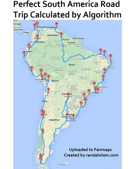 Fan Maps on Instagram: “Perfect South America Road Trip Calculated by Algorithm • "South America is a massive and diverse continent, so it's impossible to pick a…” Vina Del Mar Chile, Brazil Sao Paulo, America Road Trip, Buzios Brazil, Angel Falls Venezuela, Margarita Venezuela, Salvador Brazil, Isla Margarita, Vina Del Mar