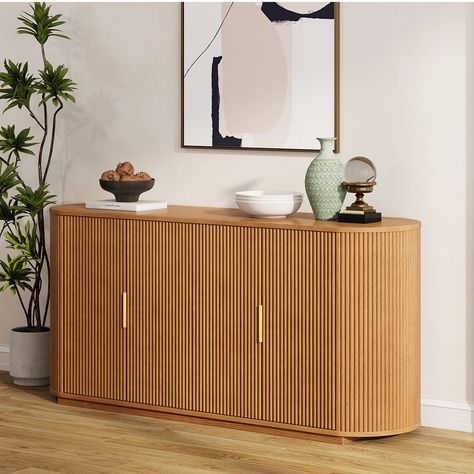 Wood Sideboard Buffet with Storage for Dining Room, Modern Buffet Table Furniture, Kitchen Sideboard Cabinet. Storage Ideas For Dining Room, Fluted Cabinet Kitchen, Natural Wood Sideboard, Modern Buffet Table, Fluted Wood, Sideboard Styles, La House, Living Room Transitional, Desk Cover