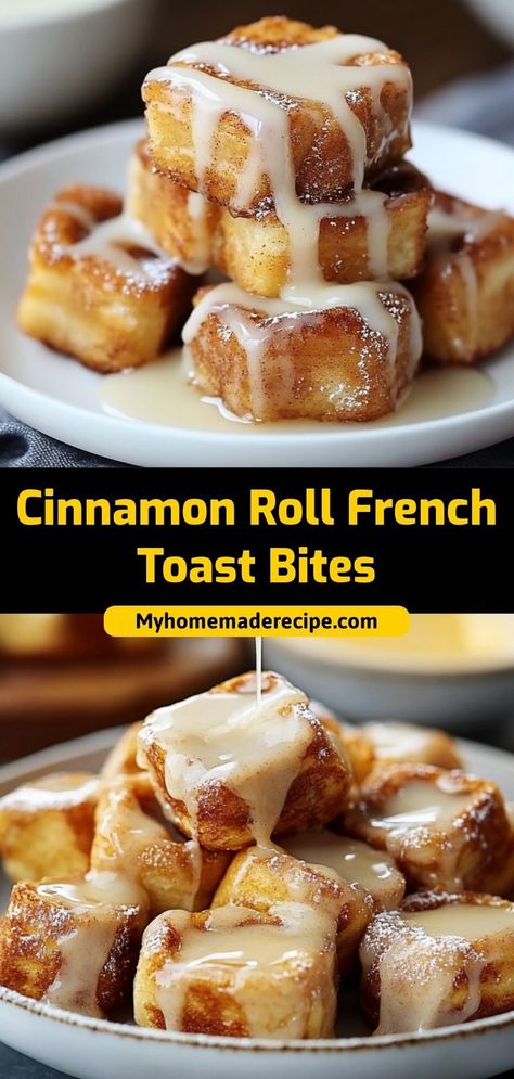 These Cinnamon Roll French Toast Bites are made with chopped cinnamon rolls, dipped in a rich custard, and cooked to golden perfection. Ingredients: 1 can refrigerated cinnamon rolls, cut into pieces 2 eggs 1/2 cup milk 1 tsp vanilla extract A fun, bite-sized breakfast treat that’s perfect for mornings or brunch French Toast Bites Recipe, French Toast Cups, Toast Cups, French Toast Bites, Cinnamon Roll French, Cinnamon Roll French Toast, Classic French Toast, Second Breakfast, Cinnamon Recipes