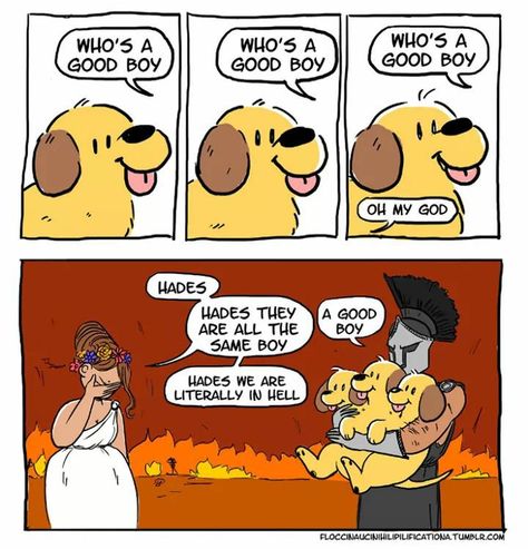 Cerberus is a good boy. Hades And Persephone Comic, Greek Funny, The Awkward Yeti, Quotes Greek, Zio Rick, Greek Mythology Humor, Animal Humour, Online Comics, Greek And Roman Mythology