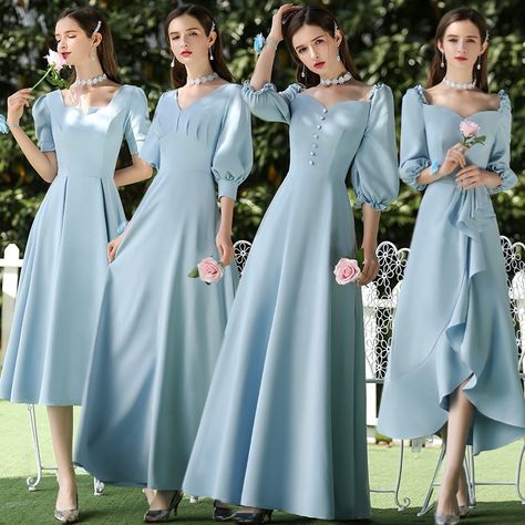 Shopee Gaun Tulle, Bridesmaid Satin, Bridesmaid Dresses Satin, Wedding Guest Gowns, Formal Wedding Guests, Dress Pesta, Bridesmaid Dresses With Sleeves, Water Blue, Gowns For Girls