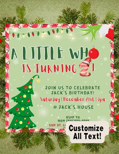 Celebrate your little one's special day with a touch of Whoville magic! This editable Canva template is perfect for creating a fun and festive birthday invitation that's sure to delight guests of all ages. Inspired by the whimsical world of Dr. Seuss, this holiday-themed invite features a playful design with a Christmas tree, festive lights, and a cute Grinch arm holding an ornament. 🌟 Product Details: Format: Editable Canva Template Size: 1080 x 1080 px (Square format, perfect for digital or print) File Type: Digital Download (No physical item will be shipped) Customization: Easily edit text, colors, and images to match your party theme Design Features: Whoville-inspired elements, Christmas colors, playful typography 🎄 Perfect For: Holiday-themed birthday parties Whoville or Dr. Seuss-i The Grinch Themed Birthday Party, Grinch Two Year Old Birthday Party, Cindy Lou Who Party, Grinch Second Birthday Party, Grinch Themed 1st Birthday Party, Whoville Birthday Party Ideas, Grinch 2nd Birthday Party, Whoville Birthday Party, Grinch 1st Birthday Party