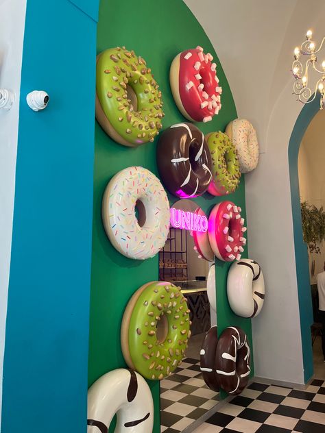 Cafe design #cafe #coffeeshop #commercialinterior Donut Cafe Interior, Quirky Cafe Ideas, Donut Shop Decor, Donut Cafe Design, Donut Store Design, Colorful Bakery Interior, Donut Shop Design, Donut Shop Interior, Donut Shop Aesthetic