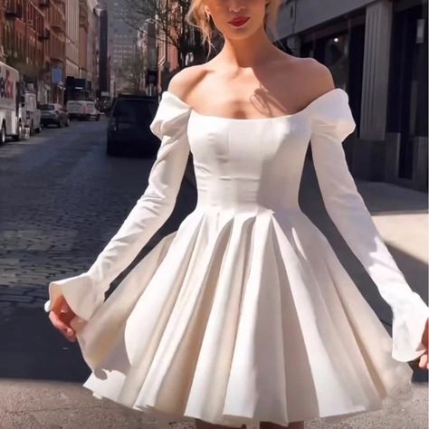 Short Wedding Dress Satin, Short Wedding Dress Winter, Civil Wedding Dresses Winter, Short Wedding Dress With Long Sleeves, Short Off The Shoulder Wedding Dress, Short Off Shoulder Wedding Dress, Short Wedding Party Dress, Short Long Sleeve Wedding Dress, Courthouse Wedding Dress Civil Ceremony