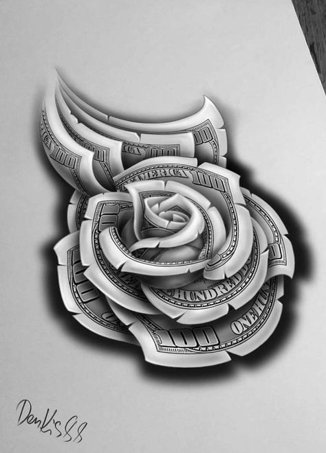 Money Flower Tattoo Designs, Rose Dollar Tattoo Design, 100 Dollar Bill Tattoo Designs Stencil, Money Rose Tattoo For Men, Dollar Rose Tattoo Design, Money Rose Drawing, Money Rose Tattoo Design, Dollar Tattoo Design, Chicano Hand Tattoo