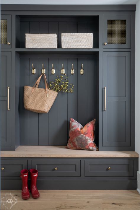 Davies Street - Kelly Caron Designs Mud Room Cabinets Ideas, Blue Mudroom Cabinets, Entry Mudroom Ideas, Big Mudroom, Mud Room Closet Ideas, Shiplap Mudroom, Blue Mudroom, Foyer Makeover, Mudroom Paint Color