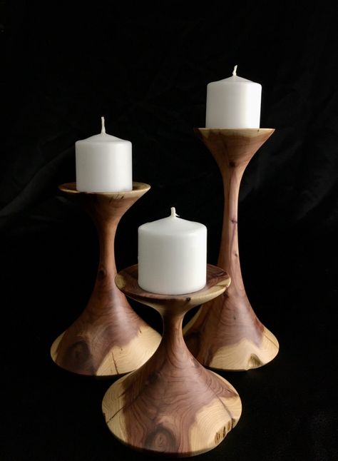 Cedar Candles | American Association of Woodturners Cedar Candle Holders, Mid Century Modern Candle Holders, Wood Turned Candle Holders, Turned Candle Holders, Turned Candlesticks, Diy Woodworking Ideas, Wooden Candlesticks, Cedar Candle, Wooden Christmas Crafts