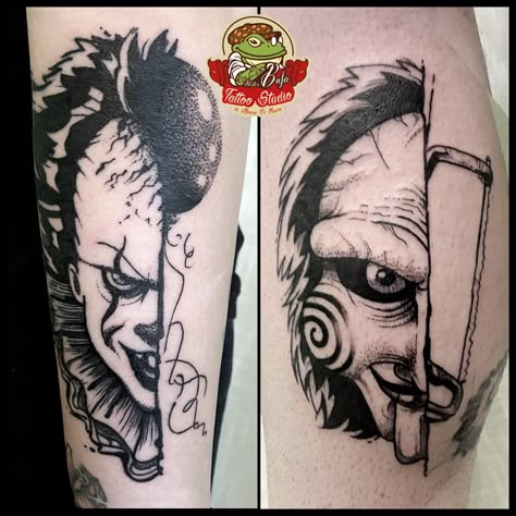 Saw Tattoos Jigsaw, Jigsaw Tattoo Stencil, Saw Tattoo Jigsaw Stencil, Saw Tattoo Horror, It Tattoo Pennywise, Jigsaw Tattoo Design, Pennywise Tattoos, Saw Tattoo Jigsaw, Pennywise Tattoo Design