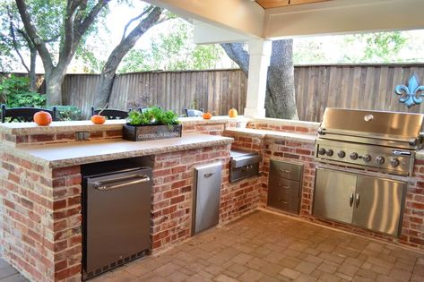 Dallas-TX-outdoor-kitchen-under-covered-patio Backyard Bbq Ideas, Bbq Ideas Backyard, Backyard Kitchen Ideas, Covered Outdoor Kitchens, Vacation Money, Brick Bbq, Outdoor Covered Patio, Landscaping Backyard, Outdoor Kitchen Cabinets