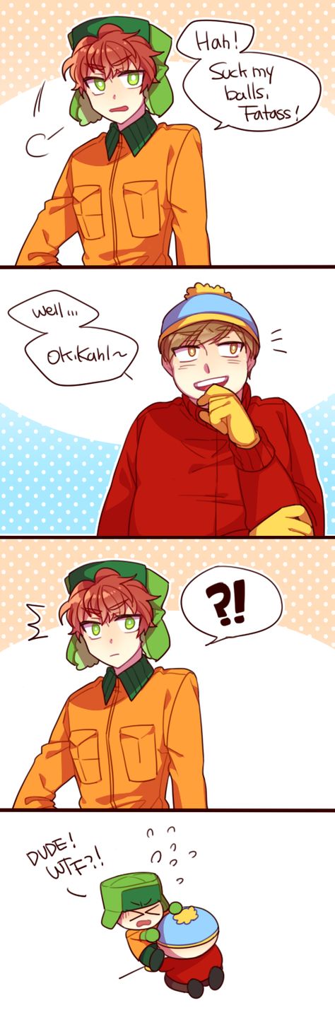 You did tell him to suck your balls Kyle. That's your fault. Lol. Kyman Comic, Sp Kyman, Tumblr Pictures, Kyle South Park, Style South Park, South Park Anime, South Park Funny, Eric Cartman, South Park Characters