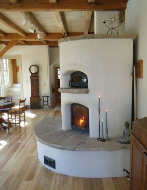 masonry-heater-with-curves-maine-wood-heat-com Earthbag Construction, Cordwood Homes, Masonry Heater, Rocket Mass Heater, Wood Heat, Natural Homes, Cob House, Rocket Stoves, Earth Homes