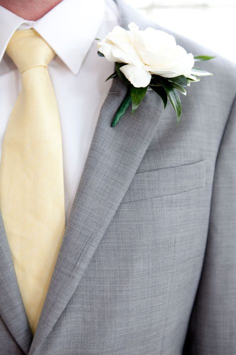 men's attire. gardenia boutonniere. Grey And Yellow Groomsmen, Pale Yellow Weddings, Gray Wedding Colors, Yellow Wedding Theme, Yellow Tie, Wedding Color Inspiration, Pastel Wedding, Gray Weddings, Yellow Wedding