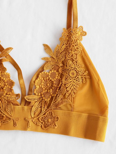 Flower Applique Mesh Lingerie Bra  YELLOW #Ad , #PAID, #Mesh, #Applique, #Flower, #YELLOW, #Bra Yellow Bra, Applique Flower, White Lace Bralette, Strappy Bralette, Flower Yellow, White Bralette, Cute Bras, Black Lace Bralette, Black Bralette