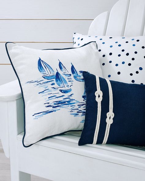 BritishStyleUK: 6 Spring trends from Sainsbury’s Home. Nautical cushions. Navy polka dot, rope knot or sailing boat print. Great accessories for a coastal inspired living room interior. Nautical House Decor, Nautical Outdoor Decor, Nautical Bathroom Design Ideas, Unfinished Wood Furniture, Sailing Decor, Nautical Interior, Nautical Cushions, Log Home Interiors, Coastal Room