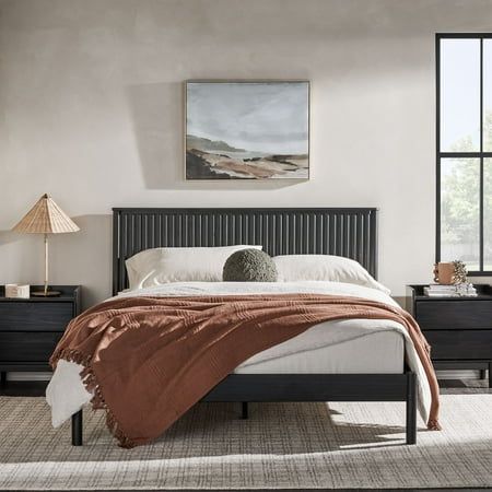 Tired of seeing the same cookie-cutter bedroom sets everywhere you shop online? Enter: the Walker Edison Transitional Solid Wood Queen Bed. With its beautiful reeded headboard, this sturdy, solid pine wood bed stands out from the typical options youve seen. It brings natural texture and detail that take your space from bland to Instagram-worthy. And theres more good news: thanks to the all-in-one platform design, you dont have to worry about the headache of buying and moving a box spring. You can have your bed set up in 45 minutes or less, then put your standard, queen-size mattress right on the bed frame. Color: Black. Minimalist Black Bed, Black Bed Linen Styling, Room With Black Bed Frame, Cozy Bedroom With Black Furniture, Black Metal Bed Frame Bedroom Decor, Bedroom With Black Bed Frame, Reeded Headboard, Black Bedroom Furniture Colour Schemes, Bedroom Black Bed Frame