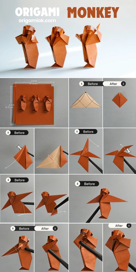 These are three interesting origami monkeys, that capture the playful and energetic spirit of monkeys, each one uniquely posed as if they are dancing happily, and look very funny, sure to bring you a burst of laughter! Origami Advanced, Advanced Origami, Origami Monkey, Origami Animal, Cocktail Mixology, Creative Origami, Origami Diagrams, Origami Ideas, Paper Stuff