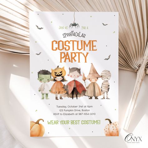 Halloween Costume Party Editable Invitation, Costume Party Invite, Spooky Halloween Invitation Template, Halloween Kids Trick or Treat Party by OnyxPaperBoutique on Etsy Costume Party Invite, Trick Or Treat Party, Halloween Invitation Template, Halloween Costume Party Invitations, Costume Party Invitations, Halloween Costume Party, Halloween Invitation, Halloween Invitations, Halloween Party Costumes