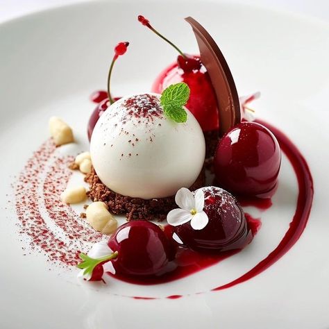 Semifreddo Plated Dessert, Chocolate Cake Plated Desserts, Dessert Presentation Ideas Food Plating, Fine Dining Plating Desserts, Dessert Plating Ideas Fine Dining, Beautiful Desserts Presentation, Plated Desserts Fine Dining, Pastry Plating, Cake Plating