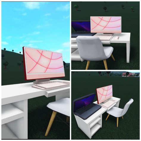 Office Idea Bloxburg, Imac Bloxburg Code, Bloxburg Doctors Office, Bloxburg Desk Ideas, Bloxburg Office Ideas, Bloxburg Decor, Modern Suburban House, Home Roblox, Bloxburg Decals Codes Aesthetic