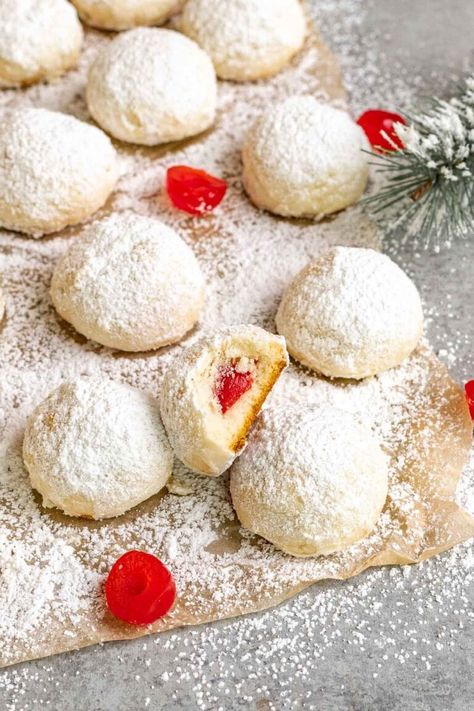 Cherry Almond Snowball Cookies, Italian Cherry Cookies, Cherry Snowballs, Cherry Cookies Recipes, Italian Cookie Recipe, Russian Tea Cookies, Wedding Cookies Recipe, Easy Holiday Cookies, Snowball Cookie Recipe