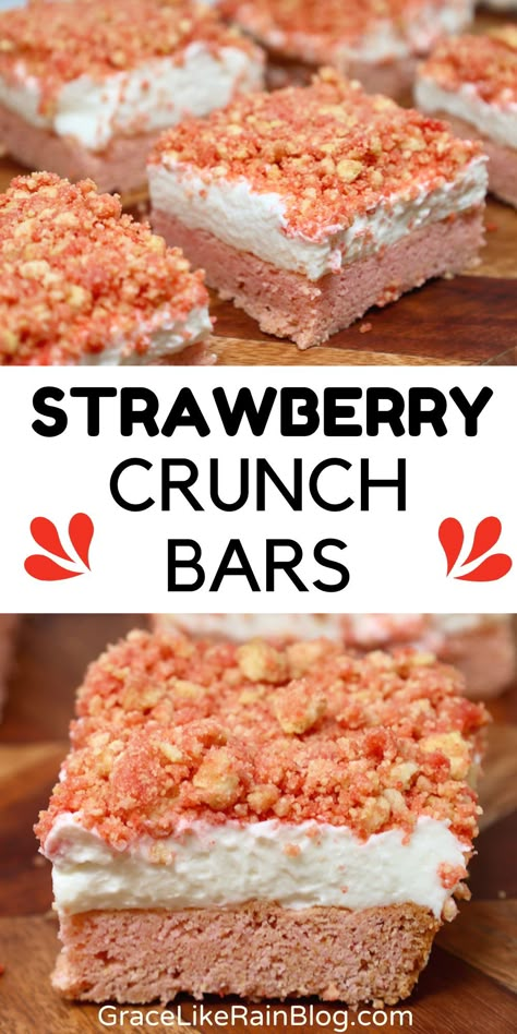 Strawberry Crunch Cheesecake Bars Strawberry Crunch Cheesecake Bars, Strawberry Crunch Bars, Crunch Bars Recipe, Strawberry Crunch Cheesecake, Crunch Cheesecake, Strawberry Crunch Cake, Cheesecake Bar, Strawberry Crunch, Crunch Bars