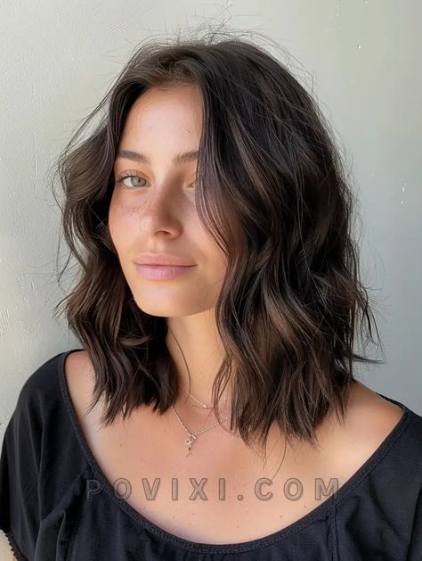 Guide to Textured Lob Haircut 2024: 35 Trendy Styles for Mid Length, Long, Short and Wavy Hair Fine Lob Haircut, Short Haircut Inspo For Wavy Hair, Short Waves Haircut, Olivia Munn Hair Short, Medium Wavy Hair Curtain Bangs, Long Bob Haircuts Wavy Hair, Wavy Collar Bone Length Hair, Short Wavy Lob Haircut, Short Brunette Wavy Hair