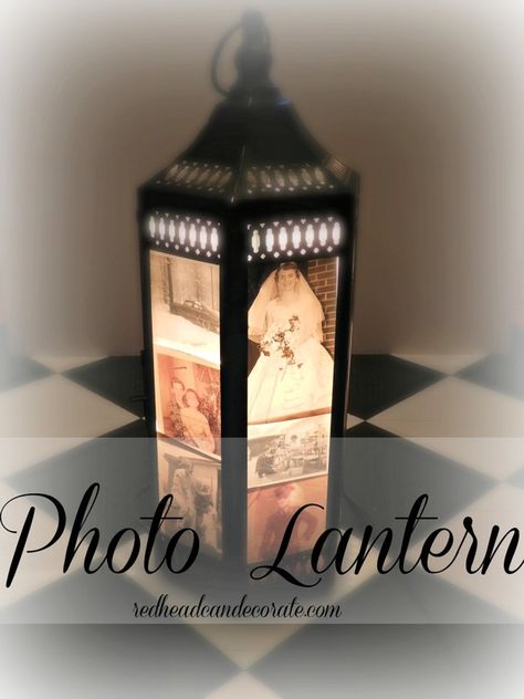 DIY Photo Display w/ a Lantern (easy!) This would make a fun gift or centerpiece for a wedding, anniversary, birthday, etc. Photo Lantern, Lantern Crafts, Diy Photo Display, Photo Wall Display, Small Lamp, Diy Stuff, Crafty Diy, Diy Photo, Photo Craft