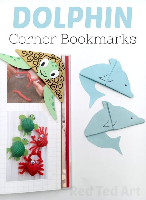 Dolphin Corner Bookmark. How to make a corner bookmark. Easy Origami Bookmark for Summer. Summer reading program - make these lovely Dolphin Bookmark Corners Dolphin Bookmark, Bookmark Corners, Origami Dolphin, Dolphin Craft, Bookmark Easy, Dollar Origami, Diy Bookmark, Ocean Unit, Dollar Bill Origami