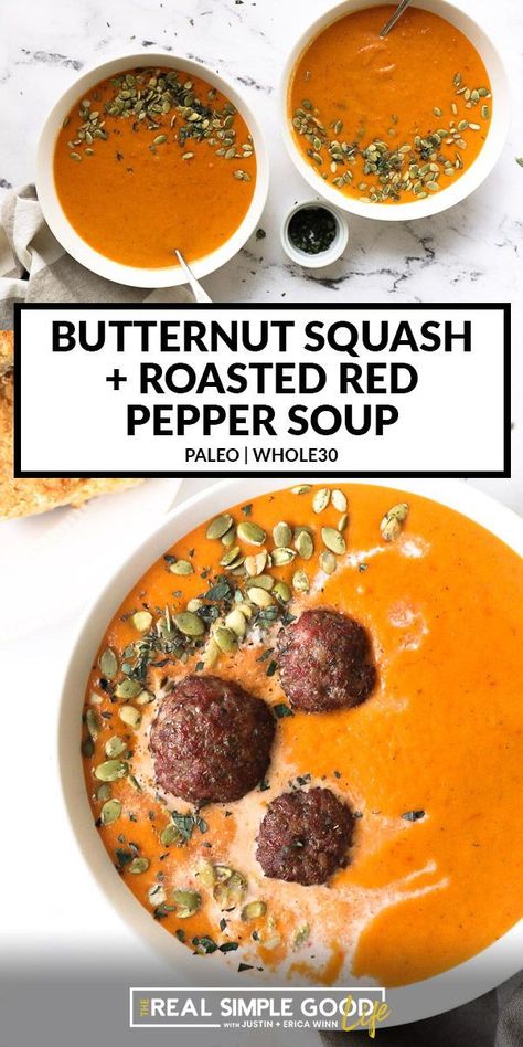 Blender Soups, Immersion Blender Recipes, Butternut Squash Roasted, Whole30 Soup, Squash Roasted, Soup Paleo, Whole30 Vegan, Easy Butternut Squash, Stuffed Meatballs