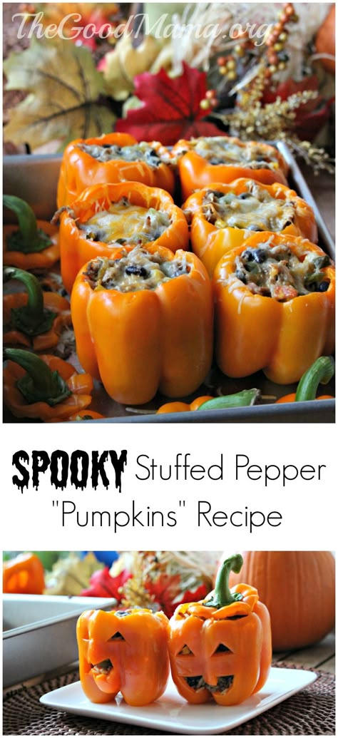 Spooky Stuffed Peppers Pumpkins Recipe Halloween Stuffed Peppers Vegetarian, Shredded Chicken & Rice Stuffed Peppers (halloween Style), Stuffed Bell Pepper Jack O Lantern, Bell Pepper Recipes Stuffed Halloween, Stuffed Bell Pepper Pumpkins, Stuffed Bell Peppers Pumpkin, Jackolantern Bell Peppers, Stuffed Peppers Halloween, Halloween Peppers Stuffed