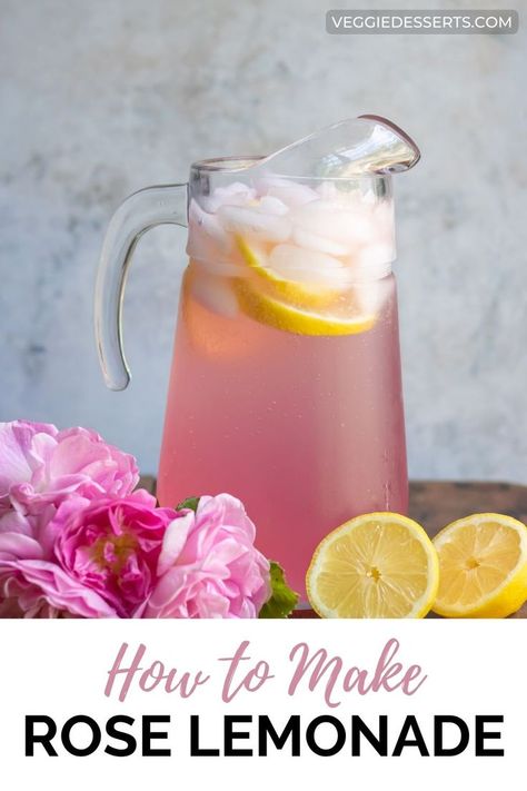 Pitcher of rose lemonade. Rose Syrup Recipe, Lemonade Simple Syrup, Lemonade Sangria, Rose Drink, Flavored Lemonade, Floral Drink, Easy Summer Cocktails, Rose Lemonade, Peach Syrup