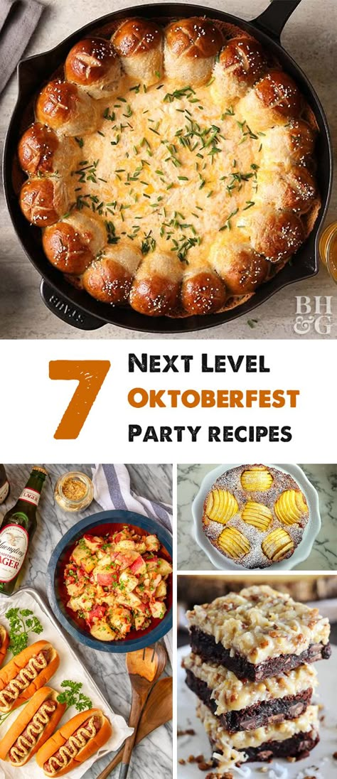 Oktoberfest recipes to bring your party to the next level! #oktoberfestrecipe #oktoberfestfood #oktoberfest #cheesediprecipe #cheesedip #germanchocolatecake #germanchocolatecakerecipe #germanchocolatebrownies #partyfood #partyrecipes #bratwurst Snacks For Octoberfest, German Food Party Ideas, Food That Pairs With Beer, Octoberfest Recipes Oktoberfest Party, Appetizers For Octoberfest Party, Vegetarian Octoberfest Recipes, Octoberfest Wedding Ideas, Oktoberfest Tailgate Food, Oktoberfest Food Board