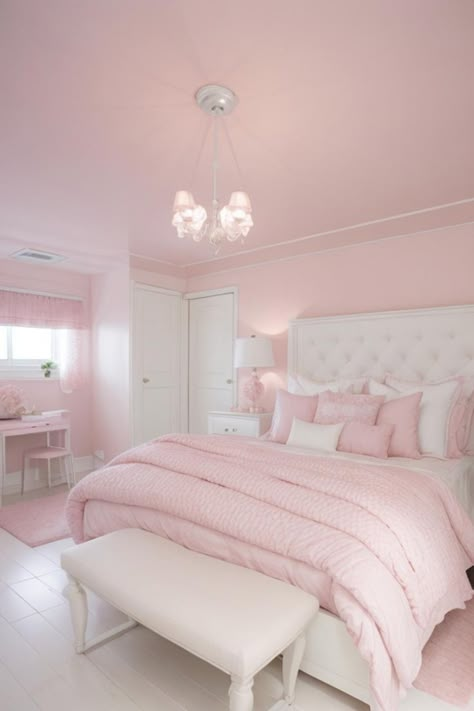 Pink Elegant Room Ideas, Pink Room Coquette, Light Pink Teenage Girl Bedroom, Cute Bedroom Ideas Aesthetic Cozy, Pink Bedroom Decor Girly, Pink And White Girls Bedroom, Bedroom Ideas Pink And White, Pink Accent Wall Bedroom, White And Pink Room