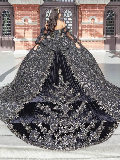 Quinceanera dress, black gown, sweet 16, XV años, House of Wu, Quinceañera collection, Houston, Harwin, long train Black Quinceanera, Vestido Charro, Black Quince, Dragon Bedding, Black Quinceanera Dresses, Quinceanera Dresses Gold, Quinceanera Collection, Quinceñera Dresses, Basque Waist