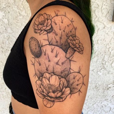 Back Of Thigh Tattoo, Desert Tattoo, Bloom Tattoo, All Black Tattoos, Cactus Tattoo, Pear Cactus, Red Tattoos, Prickly Pear Cactus, Feather Tattoos