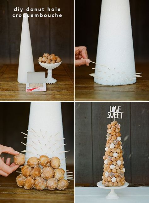 Day After Wedding Brunch | DIY Donut Hole Croquembouche: More #bridalshower #bridal #shower #diy Day After Wedding Brunch, Breakfast Party Decorations, After Wedding Brunch, Diy Wedding Desserts, Day After Wedding, Food Table Decorations, Diy Brunch, Brunch Party Decorations, Donut Tower