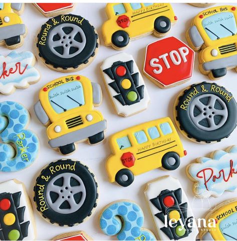 School Bus 3rd Birthday Party, School Bus 2nd Birthday, Wheels On Bus Birthday Party, Wheels On The Bus Cookies, School Bus Birthday Party Ideas, School Bus Cookies Decorated, Wheels On The Bus Themed Birthday Party, School Bus Party Theme, Wheels On The Bus Birthday Cake